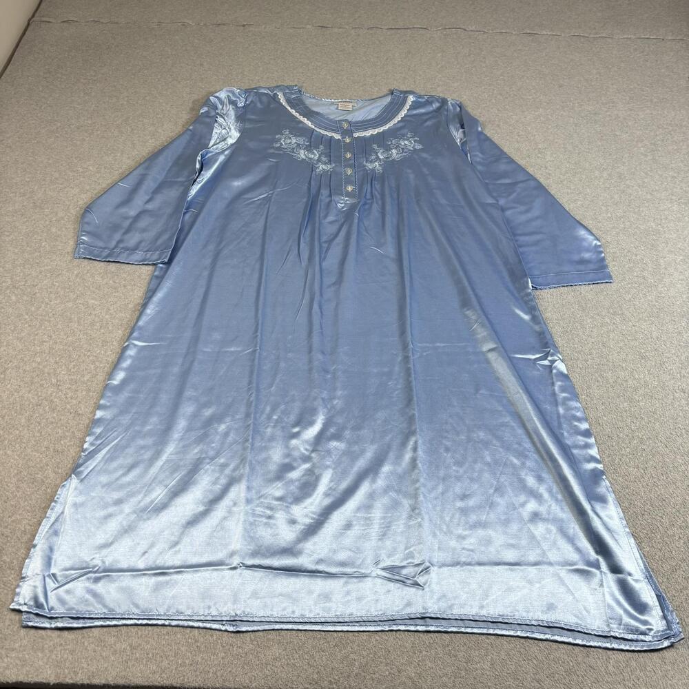 CW Classics Nightgown Women 1X Blue Satin Embroidered Kaftan 3/4 Sleeve Gown